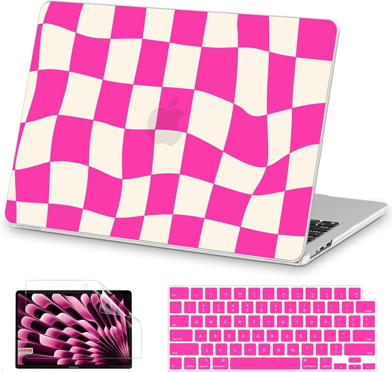 AKIT Compatible with MacBook Air 13 Inch Case 2026 2025 2024-2022 M4 M3 M2 A3240 A3113 A2681, Pattern Shell Laptop Case+Screen Protector+Keyboard Cover for Mac Air 13.6 Inch, Hot Pink Checkboard - Image 1